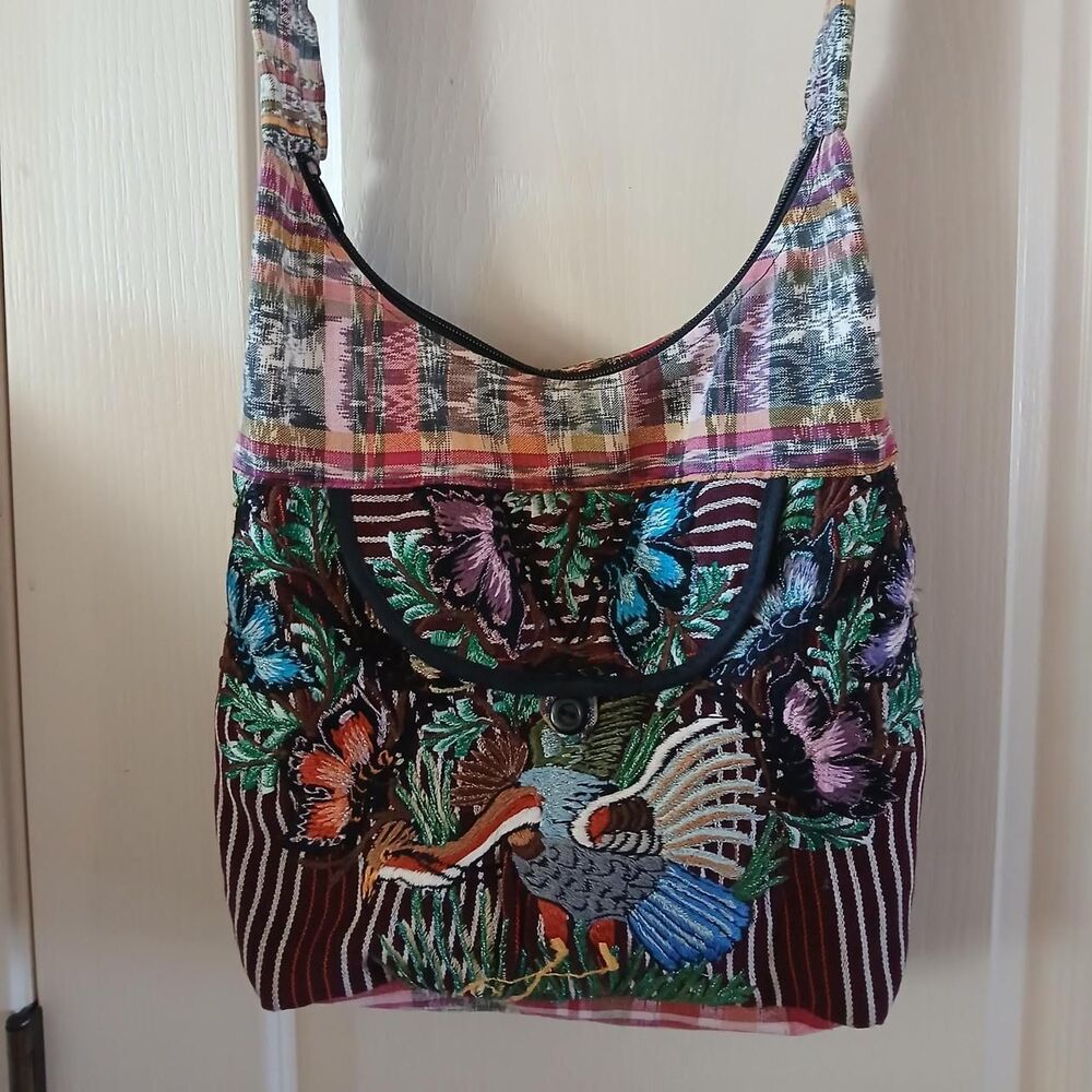 Boho multicolor plaid patchwork embroidered bird … - image 1